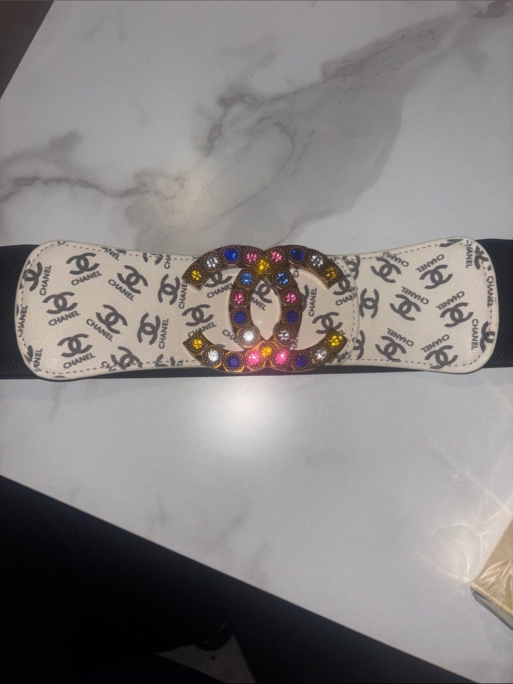 White/Black Logo Elastic Belt with Multicolor Crystal Double C Buckle